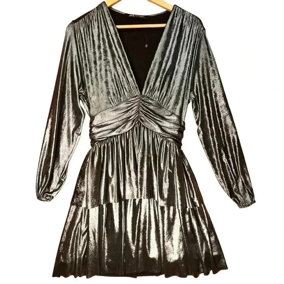 Zara Metallic Mini‎ Dress Long Sleeve Tiered Party Cocktail Silver Size S - Picture 1 of 5